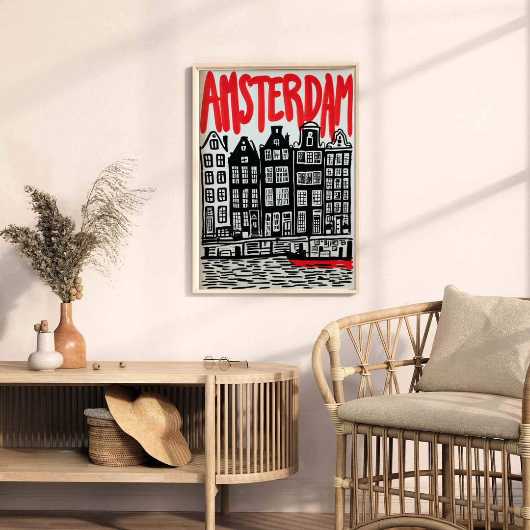 Detailed woodcut style cityscape wall art depicting canal house gables and water ripples in Amsterdam, available from MapYourDreams where you can opt for unframed paper prints, stretched gallery canvas, or a tailored custom framed wall display for creative work spaces.