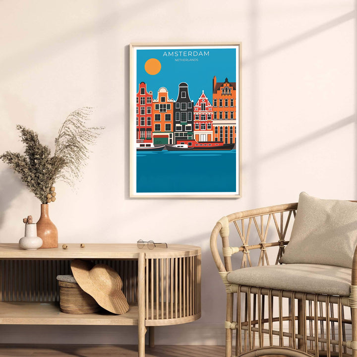 Mid-century modern cityscape poster of Amsterdam canal houses under a stylized orange sun, provided by MapYourDreams in versatile choices including unframed paper, gallery wrapped canvas, or custom frame configurations in retro black, pure gold, and natural wood for studio spaces.