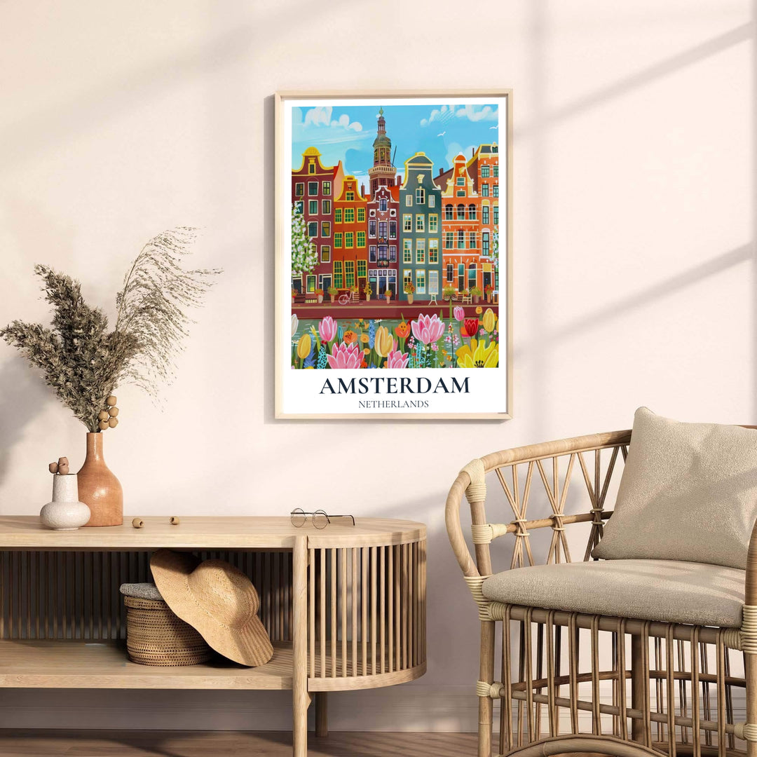 Graphic spring travel poster featuring painterly gabled houses and a lush tulip garden in Amsterdam, offered by MapYourDreams as an unframed poster, a gallery wrapped canvas, or within a selection of custom frame options to build an eye-catching travel wall art gallery feature.