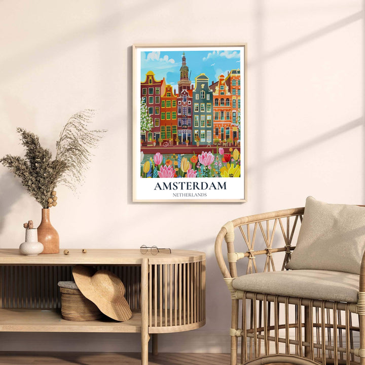 Graphic spring travel poster featuring painterly gabled houses and a lush tulip garden in Amsterdam, offered by MapYourDreams as an unframed poster, a gallery wrapped canvas, or within a selection of custom frame options to build an eye-catching travel wall art gallery feature.