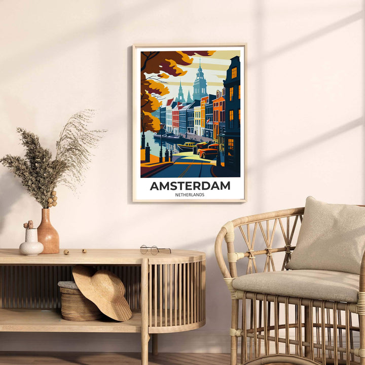 Fine art cityscape print detailing historic canal facades, autumn leaves, and the Church of Saint Nicholas in Amsterdam Netherlands, available from MapYourDreams with format choices including unframed paper prints, stretched gallery canvas, or a tailored custom framed display for entryways.