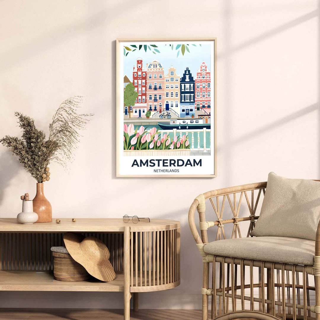 Whimsical pastel city poster of historic Amsterdam canal architecture fronted by soft pink tulips and leafy branches, provided by MapYourDreams with available options like unframed paper prints, gallery canvas, or custom frame finishes in natural wood, pure gold, and bronze for home offices.