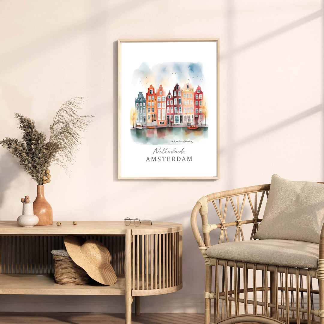 Fine art watercolor cityscape print detailing historic canal facades and soft blue sky washes in Amsterdam Netherlands, available from MapYourDreams with format choices including unframed paper prints, stretched gallery canvas, or a tailored custom framed wall display for dining spaces.