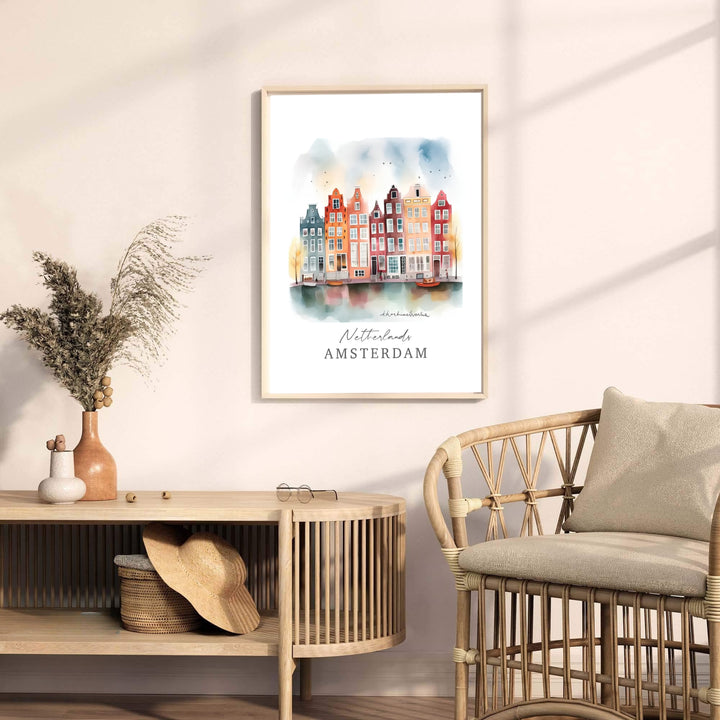 Fine art watercolor cityscape print detailing historic canal facades and soft blue sky washes in Amsterdam Netherlands, available from MapYourDreams with format choices including unframed paper prints, stretched gallery canvas, or a tailored custom framed wall display for dining spaces.