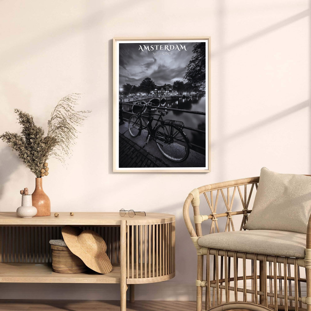 Fine art photography print detailing night canal reflections, bridge arches, and a bicycle in Amsterdam Netherlands, available from MapYourDreams with format choices including unframed paper prints, stretched gallery canvas, or a tailored custom framed wall display for entryways.
