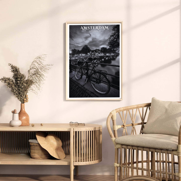 Fine art photography print detailing night canal reflections, bridge arches, and a bicycle in Amsterdam Netherlands, available from MapYourDreams with format choices including unframed paper prints, stretched gallery canvas, or a tailored custom framed wall display for entryways.