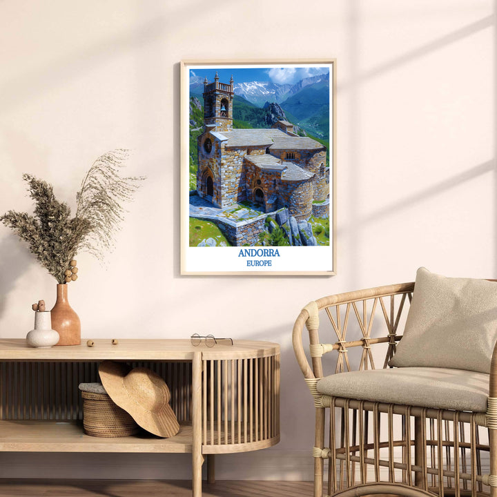 Slate roof tiles and ancient stone walls at Sant Joan de Caselles Church in Andorra star in this art print. Discover ready-to-hang framed, unframed, and canvas options available at MapYourDreams for lodge decor.
