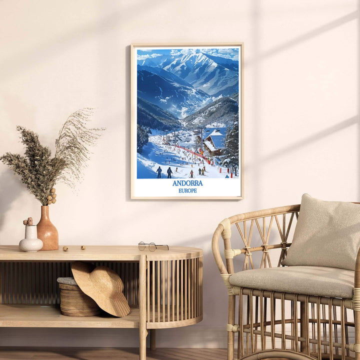 High-altitude ski trails and mountain chalets at Vallnord Ski Resort in Andorra star in this art print. Discover ready-to-hang framed, unframed, and canvas options available at MapYourDreams for decor.