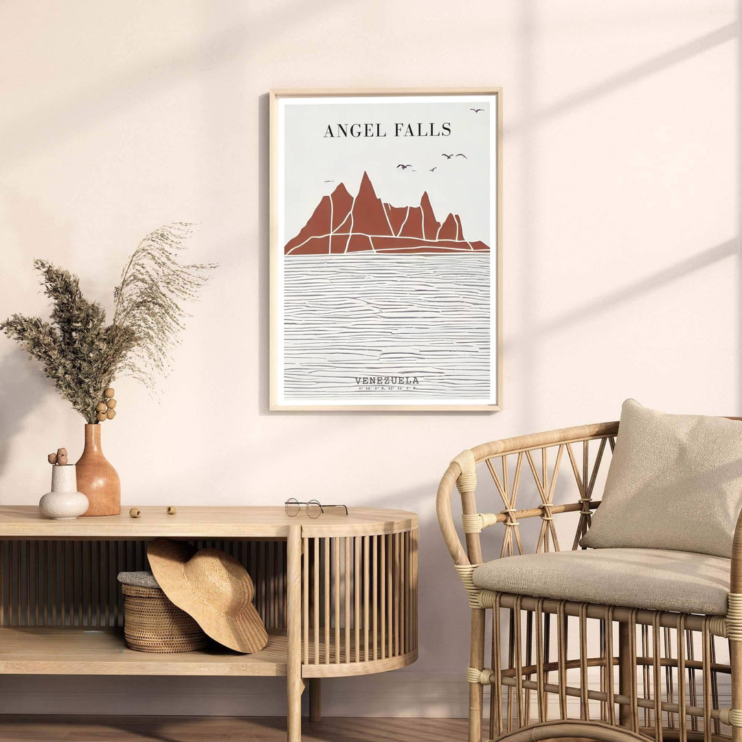 Contemporary travel poster capturing the calming organic modern aesthetic of Angel Falls for minimalist interiors. A fine offering from MapYourDreams, choose between flexible product formats like borderless paper, custom wooden frames, or canvas wraps.