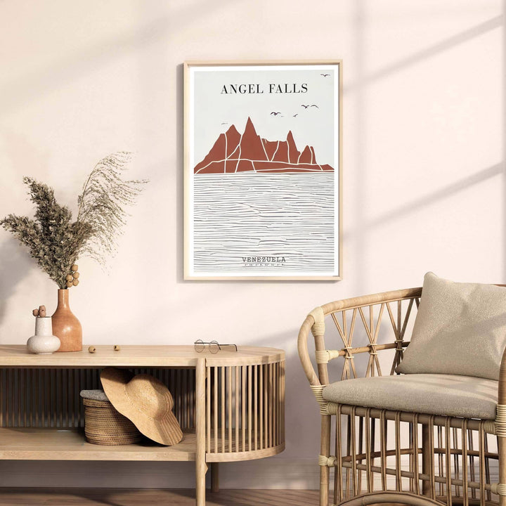 Contemporary travel poster capturing the calming organic modern aesthetic of Angel Falls for minimalist interiors. A fine offering from MapYourDreams, choose between flexible product formats like borderless paper, custom wooden frames, or canvas wraps.