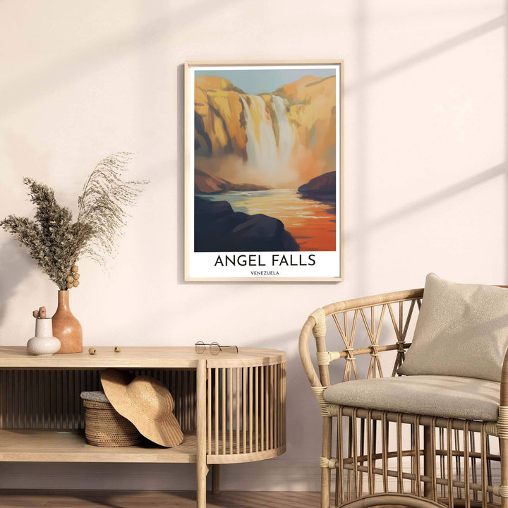 Contemporary travel poster capturing the warm painterly aesthetic of Angel Falls for mid-century and bohemian interiors. A fine offering from MapYourDreams, choose between flexible product formats like borderless paper, custom wooden frames, or canvas wraps.