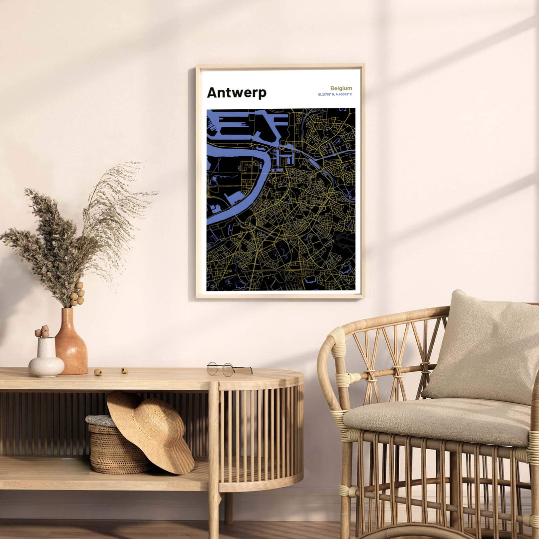 Detailed cartographic map wall art rendering the Scheldt river bend and surrounding highways of Antwerp, Belgium in radiant gold graphic lines. Display choices range from unframed matte archival paper prints to custom decorative frames and stretched canvas wraps.