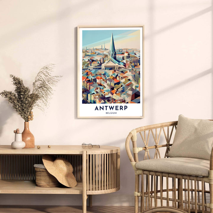 Contemporary travel poster art mapping the architectural spirit of Antwerp, Belgium, through prismatic geometric buildings and a towering church spire. Display choices range from unframed matte archival paper prints to custom decorative frames and stretched canvas wraps.