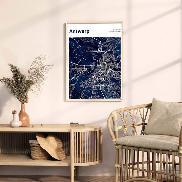 Detailed map wall art depicting the Scheldt River loop and arterial roadways of Antwerp, Belgium, in sharp white vector graphics. Offered by MapYourDreams, this artwork is available in flexible options including unframed paper, custom wooden frames, and gallery canvas wraps.
