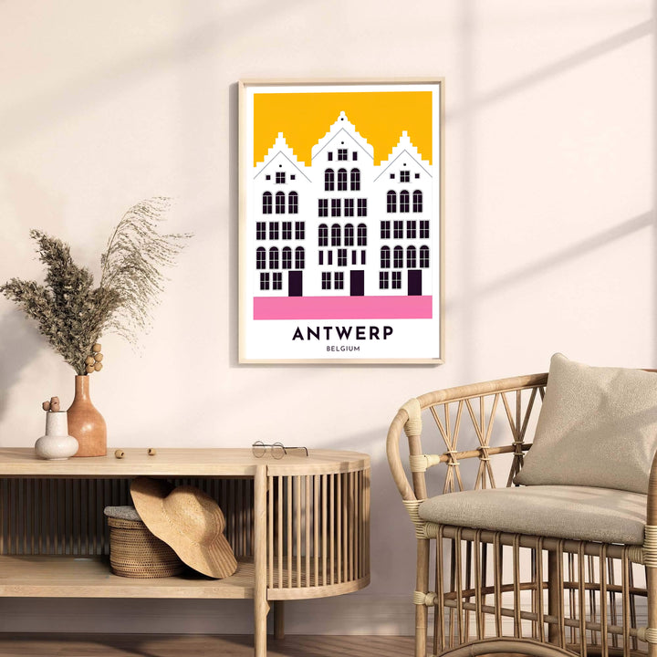 Detailed vector wall art depicting historic Flemish architecture in Antwerp, Belgium, rendered in clean geometric shapes and vibrant pop colors. Offered by MapYourDreams, this artwork is available in flexible options including unframed paper, custom wooden frames, and gallery canvas wraps.