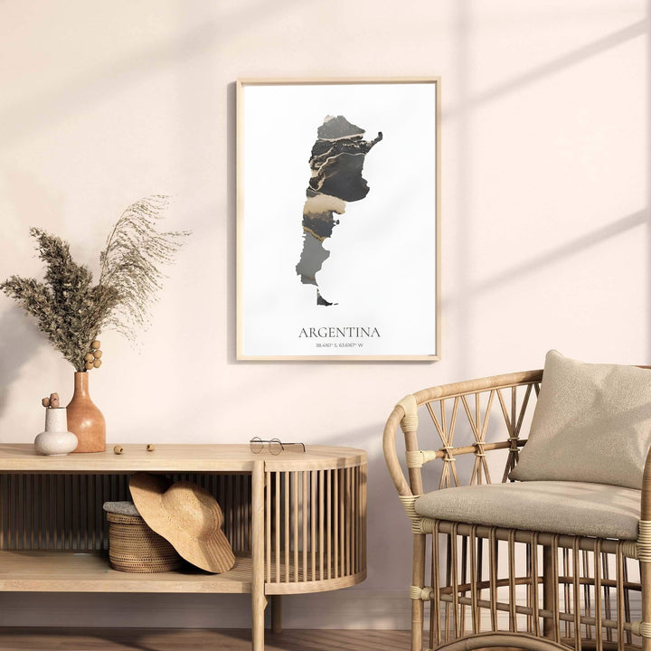 Geographic Argentina map wall art with gold accents, precise latitude coordinates, and crisp typography for elevated interiors. Offered by MapYourDreams, this artwork is available in flexible options including unframed paper, custom wooden frames, and gallery canvas wraps for modern spaces.