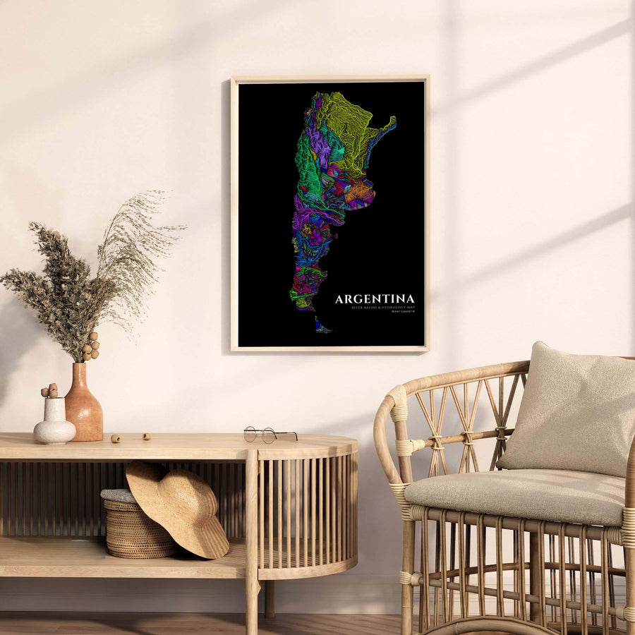 Contemporary Argentina hydrology map wall decor featuring bright neon drainage channels and classic serif typography. A fine offering from MapYourDreams, choose between flexible product formats like borderless paper, custom wooden frames, or canvas wraps.