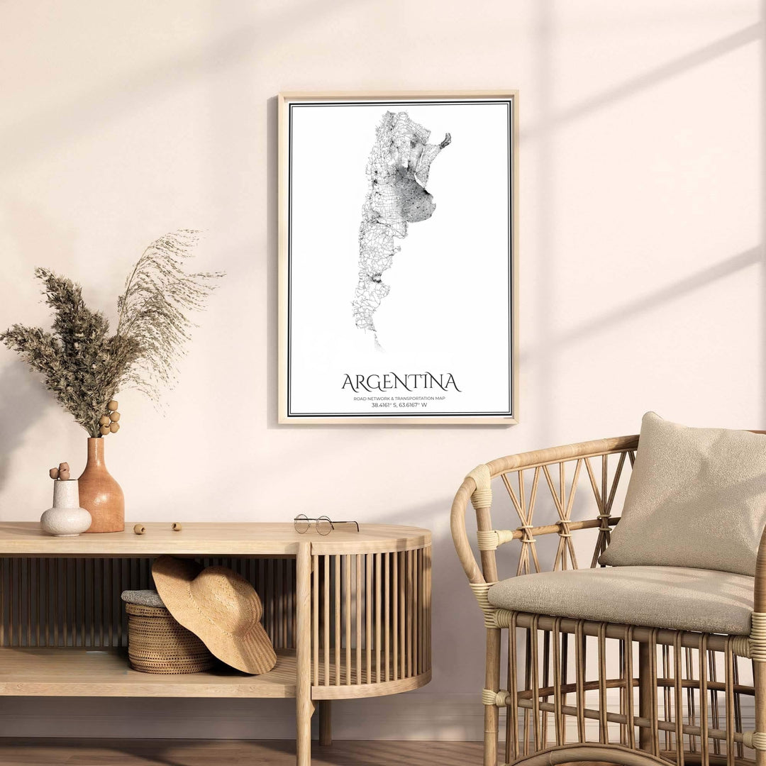 Contemporary Argentina transportation network graphic in black and white featuring delicate line density and formal coordinate details. A fine offering from MapYourDreams, choose between flexible product formats like borderless paper, custom wooden frames, or canvas wraps.