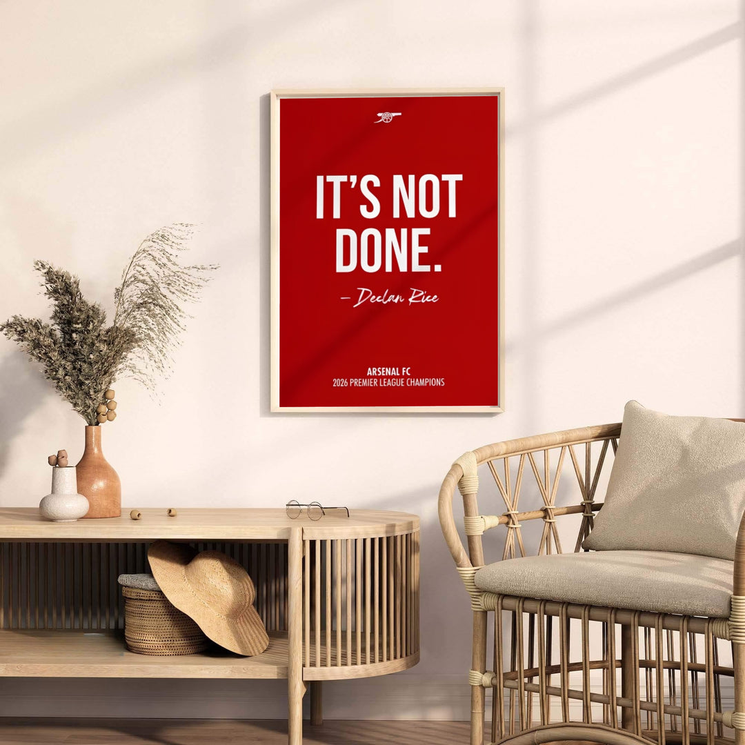 Contemporary football typography print celebrating Arsenal 2026 championship drive at Emirates Stadium, available as unframed prints, framed wall art, or canvas options for bedroom decoration.