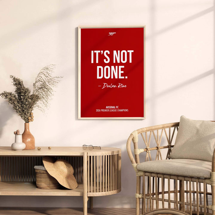 Contemporary football typography print celebrating Arsenal 2026 championship drive at Emirates Stadium, available as unframed prints, framed wall art, or canvas options for bedroom decoration.