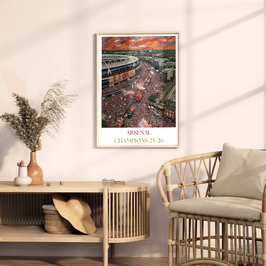 Premier League victory parade artwork print featuring open top buses traveling past Emirates Stadium, available as unframed prints, framed options, or canvas for custom framed interior design arrangements.