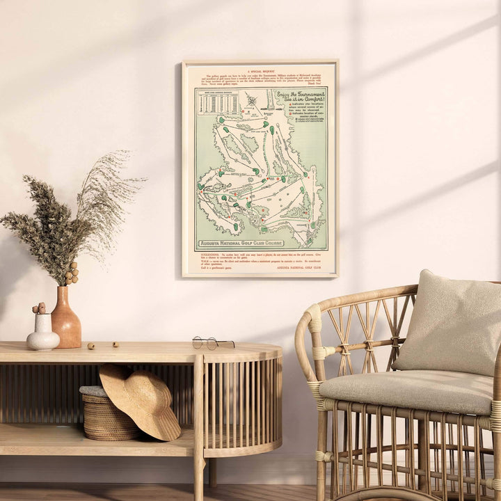 Mid-century golf course map artwork depicting the 1954 Augusta Georgia holes, hazards, and concession locations. Offered by MapYourDreams, this artwork is available in flexible options including unframed paper, custom wooden frames, and gallery canvas wraps for tailored home wall decor setups.