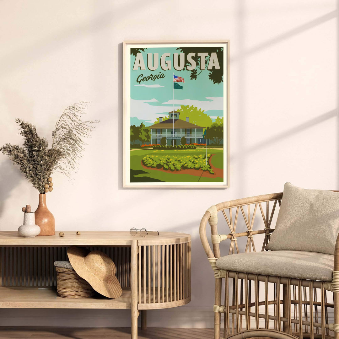 Mid-century Augusta Georgia golf course poster depicting Founders Circle floral details and surrounding pine trees. Offered by MapYourDreams, this artwork is available in flexible options including unframed paper, custom wooden frames, and gallery canvas wraps for tailored home wall decor setups.
