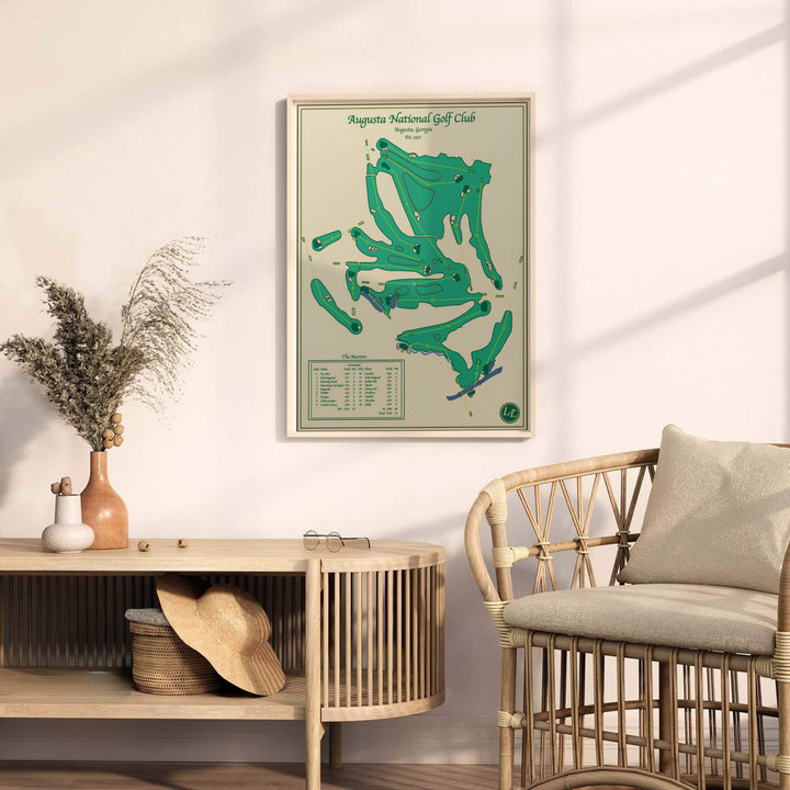 Historic Augusta Georgia golf course illustration detailing Azalea, Golden Bell, and Tea Olive hole placements. Offered by MapYourDreams, this artwork is available in flexible options including unframed paper, custom wooden frames, and gallery canvas wraps for tailored home wall decor setups.