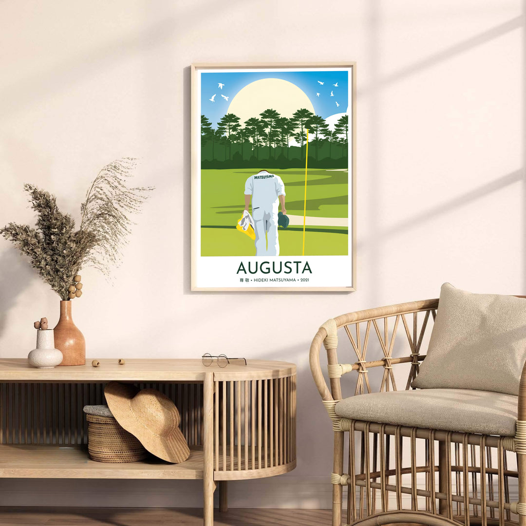 Artistic golf landscape print showing a caddie holding his cap and yellow flag bag while bowing to Augusta National Golf Course in Augusta Georgia. Offered by MapYourDreams, this artwork is available in flexible options including unframed paper, custom wooden frames, and gallery canvas wraps for tailored home wall decor setups.