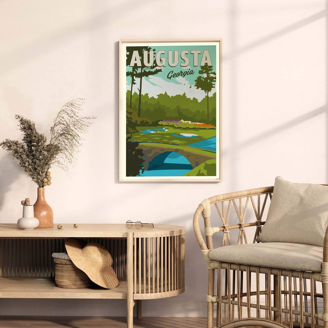 Vintage-inspired golf landscape poster depicting the arch of Hogan Bridge, serene creek waters, and towering Georgia pine silhouettes. Offered by MapYourDreams, this artwork is available in flexible options including unframed paper, custom wooden frames, and gallery canvas wraps for tailored home wall decor setups.