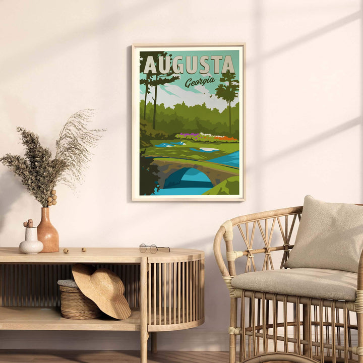 Vintage-inspired golf landscape poster depicting the arch of Hogan Bridge, serene creek waters, and towering Georgia pine silhouettes. Offered by MapYourDreams, this artwork is available in flexible options including unframed paper, custom wooden frames, and gallery canvas wraps for tailored home wall decor setups.