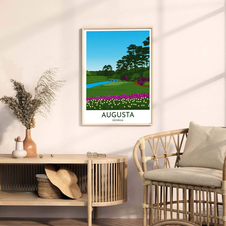 Augusta Georgia graphic artwork capturing the crisp elegance of Golden Bell with stylized floral foreground, smooth grass tones, and pine forest silhouettes. Offered by MapYourDreams, this artwork is available in flexible options including unframed paper, custom wooden frames, and gallery canvas wraps for tailored home wall decor setups.