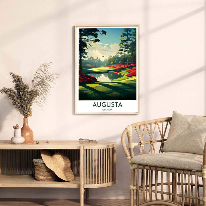 Fine art print of Augusta Georgia showing the sweeping approach to the 13th green with rich forest depths and bright sky hues. Offered by MapYourDreams, this artwork is available in flexible options including unframed paper, custom wooden frames, and gallery canvas wraps for tailored home wall decor setups.