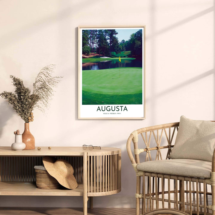 Fine art photo print of Augusta Georgia showing an expansive view from the back fringe of Hole 16 across the water toward the teeing grounds. Offered by MapYourDreams, this artwork is available in flexible options including unframed paper, custom wooden frames, and gallery canvas wraps for tailored home wall decor setups.