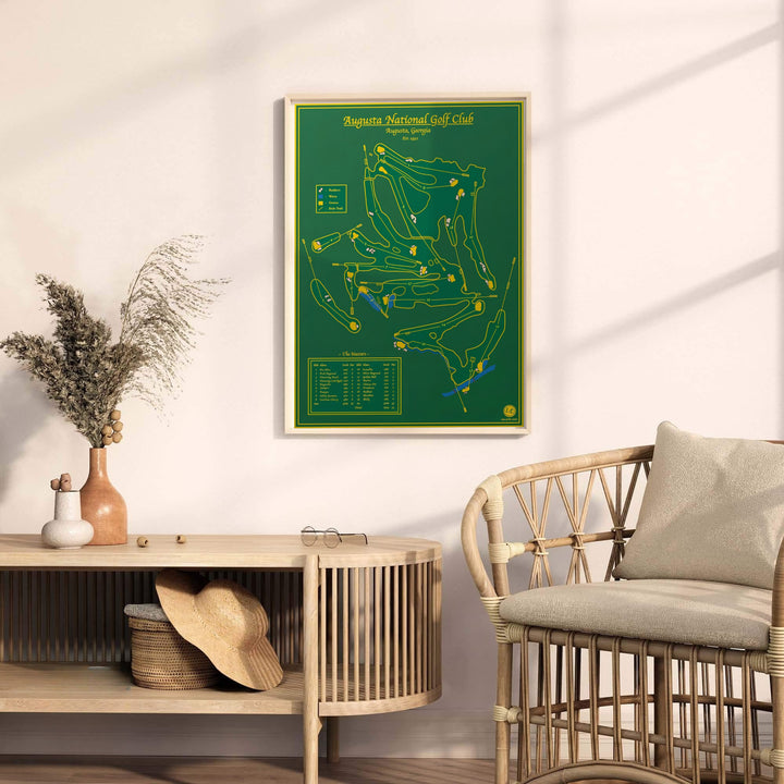 Vintage golf course blueprint poster illustrating the exact layout of Augusta Georgia with gold accents and a rich forest green field. Offered by MapYourDreams, this artwork is available in flexible options including unframed paper, custom wooden frames, and gallery canvas wraps for tailored home wall decor setups.
