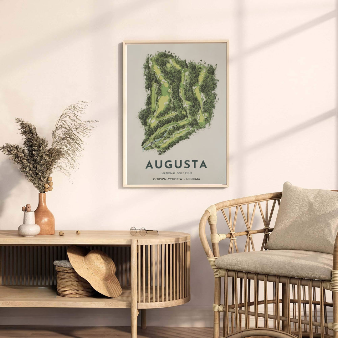 Fine art aerial map print of Augusta Georgia showcasing the full property perimeter, water hazards, and tree canopy texture in soft natural colors. Offered by MapYourDreams, this artwork is available in flexible options including unframed paper, custom wooden frames, and gallery canvas wraps for tailored home wall decor setups.