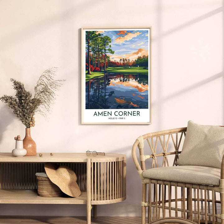 Stylized vector art print showing Augusta Georgia golf course scenery with warm orange clouds and deep navy water tones at Amen Corner. Offered by MapYourDreams, this artwork is available in flexible options including unframed paper, custom wooden frames, and gallery canvas wraps for tailored home wall decor setups.