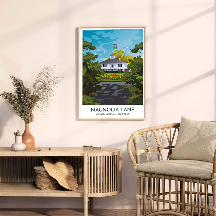 Stylized vector art print showing Augusta Georgia golf club scenery with crisp sky blue tones and detailed leaf canopy shapes on Magnolia Lane. Offered by MapYourDreams, this artwork is available in flexible options including unframed paper, custom wooden frames, and gallery canvas wraps for tailored home wall decor setups.