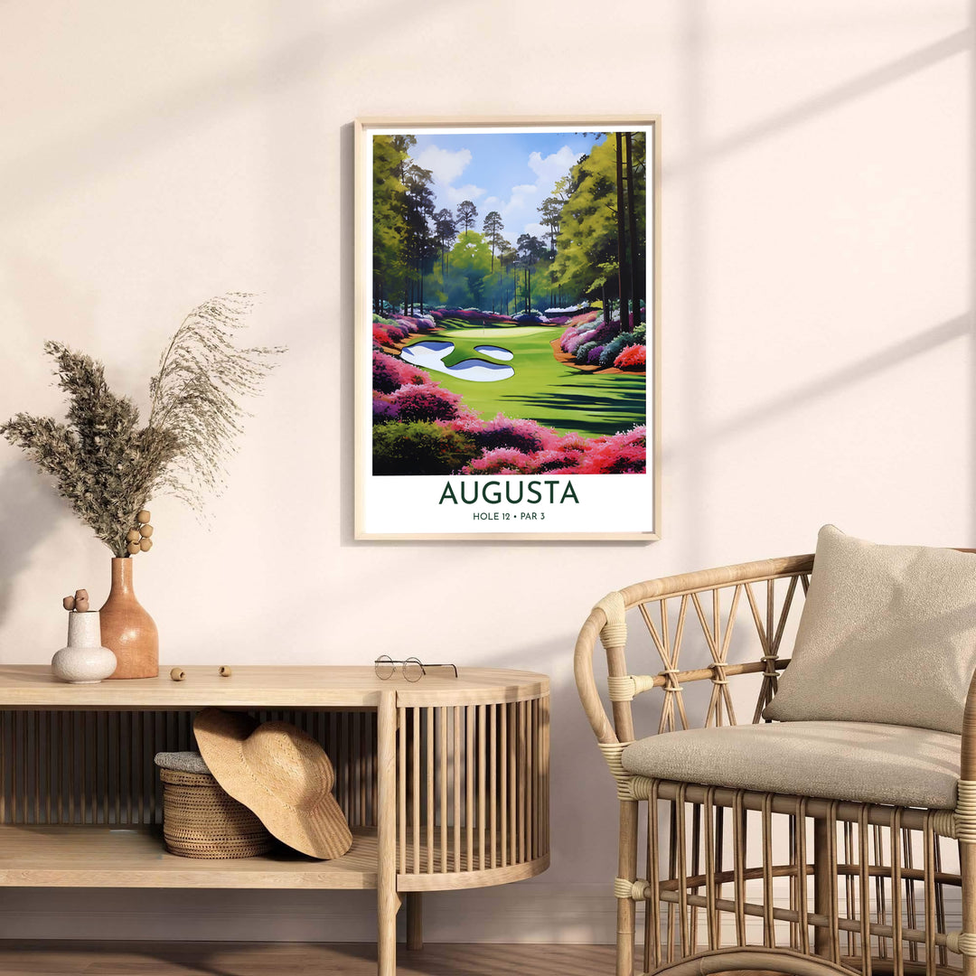 Stylized painterly art print showing Augusta Georgia golf course scenery with soft sky light and rich organic brushwork at Amen Corner. Offered by MapYourDreams, this artwork is available in flexible options including unframed paper, custom wooden frames, and gallery canvas wraps for tailored home wall decor setups.