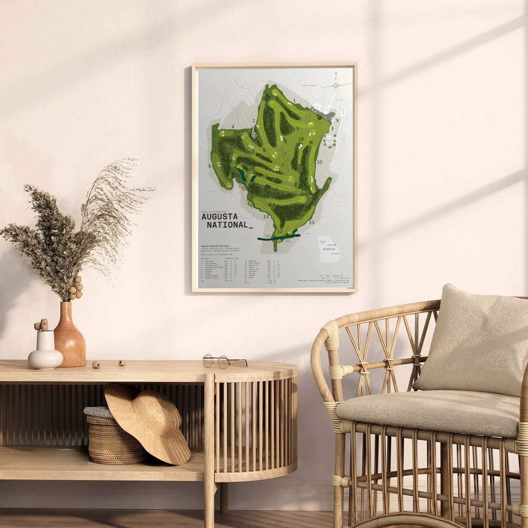 Executive golf office decor poster featuring an overhead vector blueprint map of Augusta National with detailed fairway routes and sand bunker placements. Offered by MapYourDreams, this artwork is available in flexible options including unframed paper, custom wooden frames, and gallery canvas wraps.