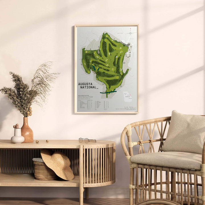 Executive golf office decor poster featuring an overhead vector blueprint map of Augusta National with detailed fairway routes and sand bunker placements. Offered by MapYourDreams, this artwork is available in flexible options including unframed paper, custom wooden frames, and gallery canvas wraps.