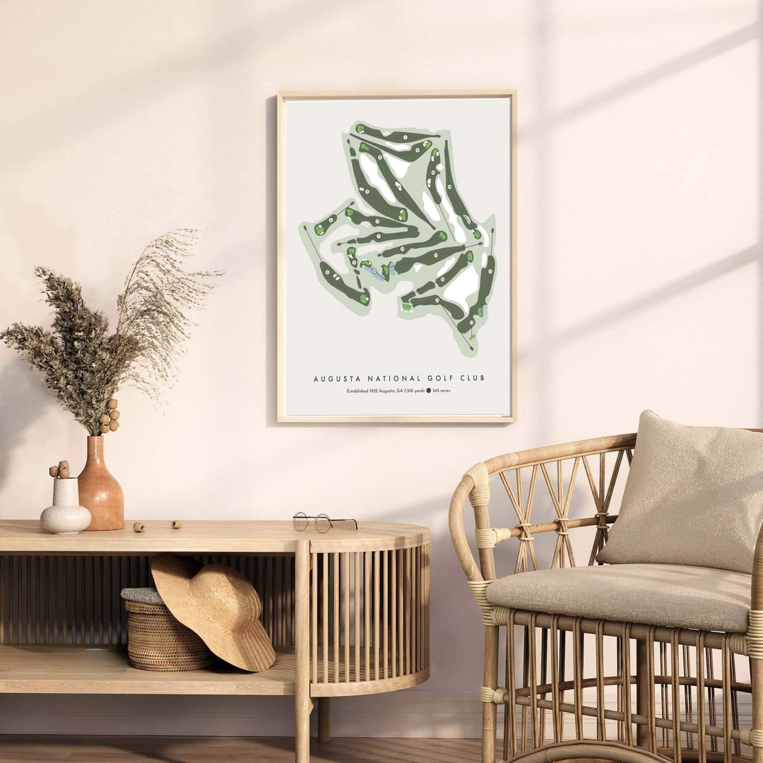 Executive office golf art featuring a minimalist forest green silhouette map of Augusta National Golf Club on a warm, acid-free style beige background. Offered by MapYourDreams, this artwork is available in flexible options including unframed paper, custom wooden frames, and gallery canvas wraps.