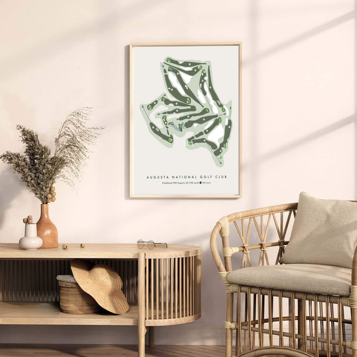 Executive office golf art featuring a minimalist forest green silhouette map of Augusta National Golf Club on a warm, acid-free style beige background. Offered by MapYourDreams, this artwork is available in flexible options including unframed paper, custom wooden frames, and gallery canvas wraps.
