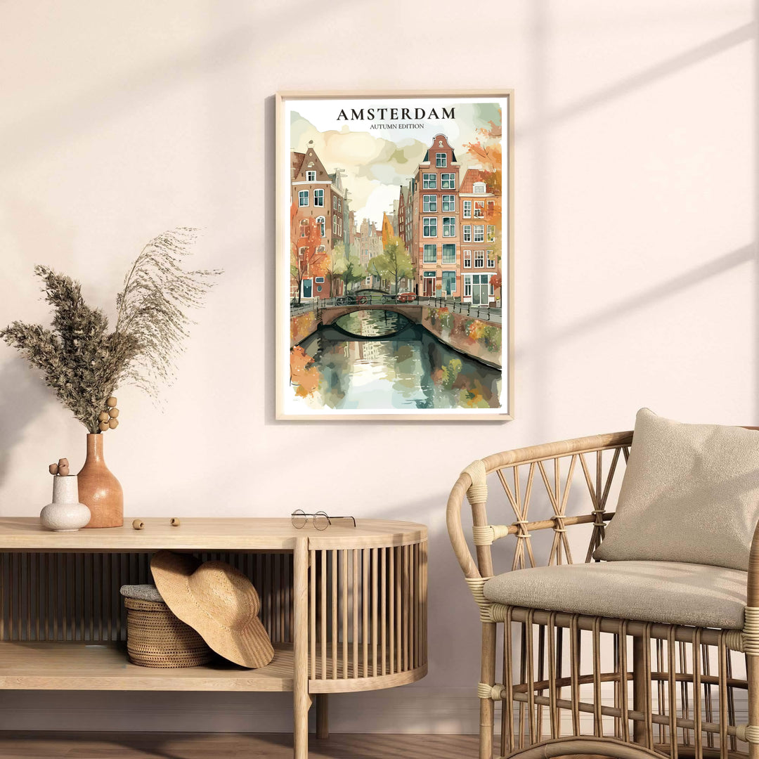 Fine art watercolor print detailing autumn reflections on an Amsterdam canal with bicycles and bridge arches, available from MapYourDreams with format choices including unframed fine art paper, stretched gallery canvas, or a tailored custom framed wall decor piece.
