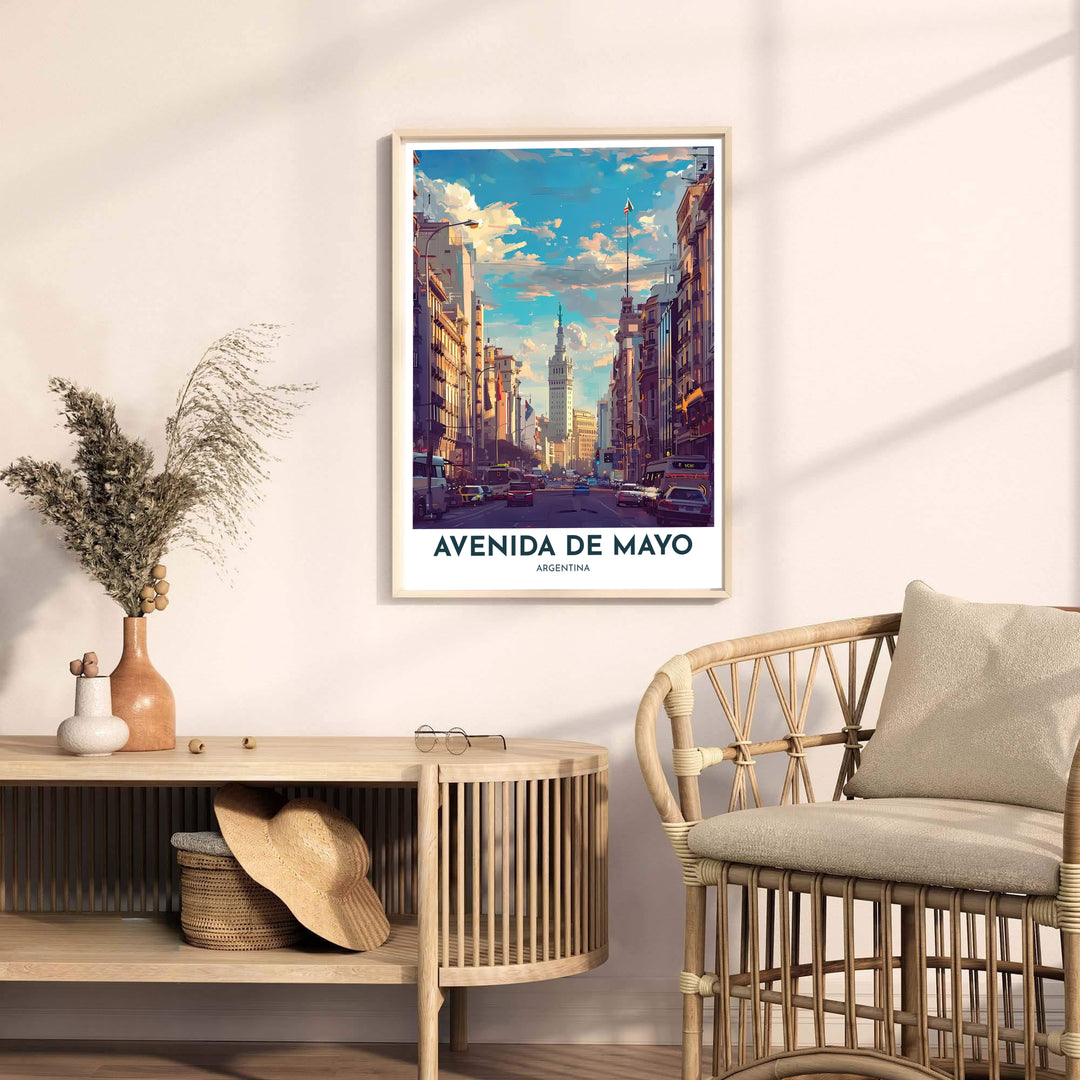 Impressionist painterly poster of central Buenos Aires street life featuring Avenida de Mayo and Palacio Barolo landmarks. Produced by MapYourDreams, this artwork is provided in multiple display options including unframed paper stock, custom frames, or canvas.