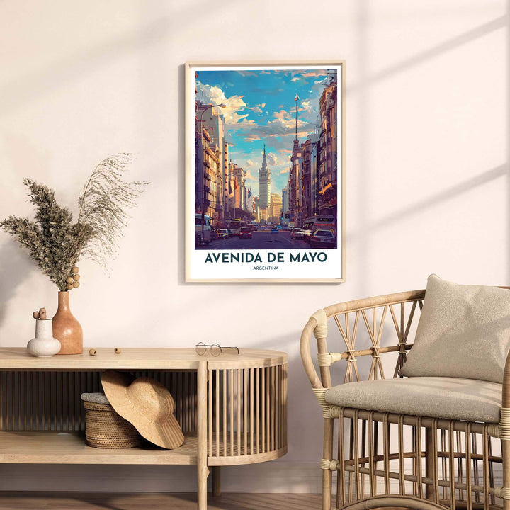 Impressionist painterly poster of central Buenos Aires street life featuring Avenida de Mayo and Palacio Barolo landmarks. Produced by MapYourDreams, this artwork is provided in multiple display options including unframed paper stock, custom frames, or canvas.