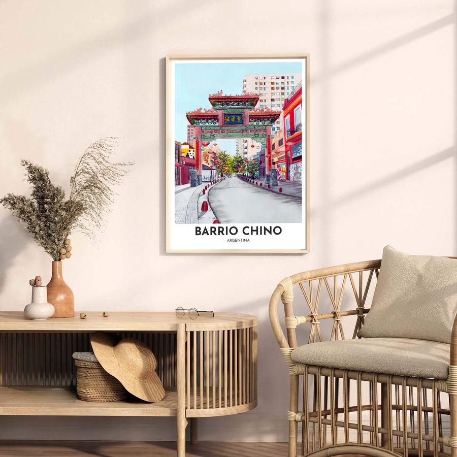 Fine art watercolor print of the entrance to Chinatown in Belgrano, Buenos Aires, printed on heavyweight archival paper stock. Available through MapYourDreams, this print accommodates various display preferences, including unframed art paper, framed prints, or stretched canvas wraps.