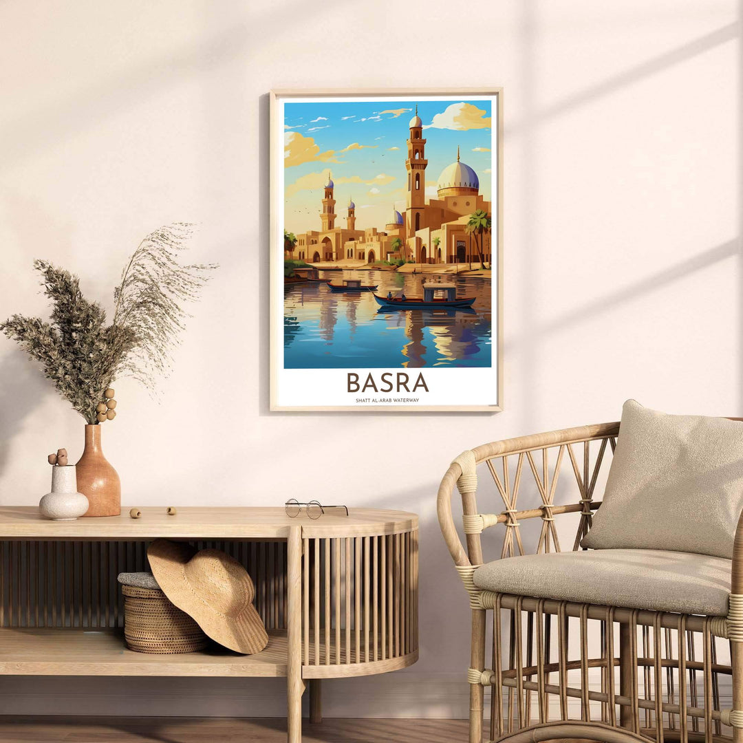 Fine art landscape poster of Basra Iraq featuring traditional wooden boats and sunset reflections on Shatt al-Arab water. Released by MapYourDreams, this artwork is available in flexible options including unframed paper, custom wooden frames, and gallery canvas wraps for home wall art.