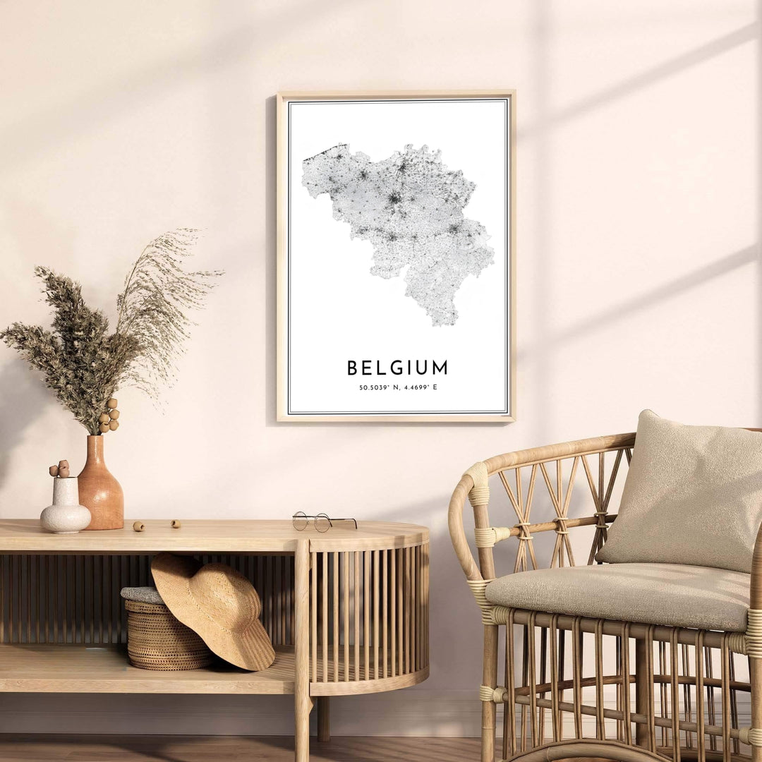Detailed vector map art depicting the country of Belgium outlined entirely by its roads, highways, and street corridors. Offered by MapYourDreams, this artwork is available in flexible options including unframed paper, custom wooden frames, and gallery canvas wraps.
