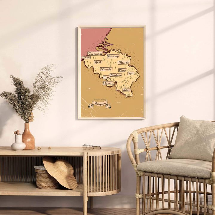 Detailed vintage map art depicting the country outline of Belgium filled with illustrated trees, rolling terrain, and hand-lettered location boxes. Offered by MapYourDreams, this artwork is available in flexible options including unframed paper, custom wooden frames, and gallery canvas wraps.